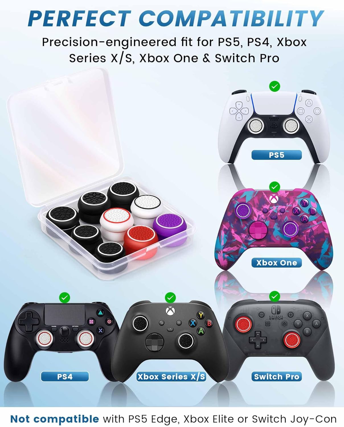 16-in-1 Performance Thumb Grips Joystick Caps for PS5/4/Xbox/Switch Pro, 3 Height Thumbstick Grips Covers (FPS, CQC, Skin) & 5 Anti-Slip, Ultimate Comfort & Control